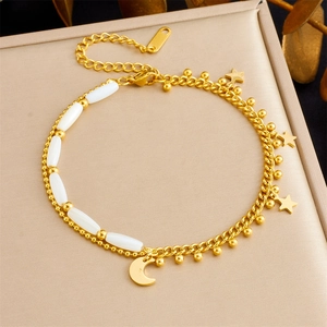 Double Layer Anklet Stainless Steel Gold Plated White Rice Beads Star Moon Charms Fashion Foot Jewelry For Women