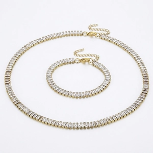 Edelstahl Halskette Und Armband Baguette Zirkon Halb Tennis Kette Schweinenase Glied Frauen Ins Mode Vergoldet