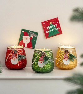 Close-up of three mercury glass Christmas LED jars with pine cones and gnome decor