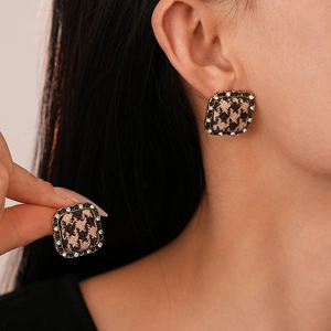 Retro houndstooth fabric square stud earrings with crystal halo and gold metal frame