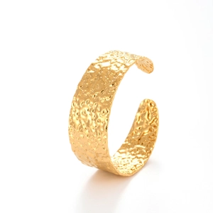 Adjustable 304 stainless steel open cuff bracelet with a hammered gold metal texture