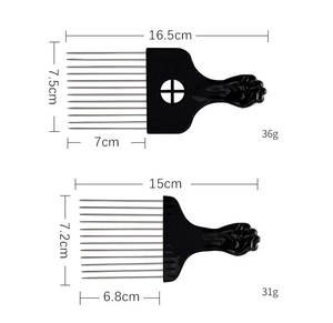 Detailed size chart for hair pick combs with metal teeth and fist-shaped black handles