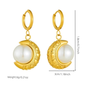 Gold plated heart engraved moon earrings with large pearls and detailed size dimensions
