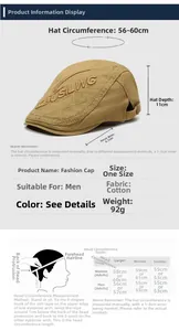 Guide des tailles pour béret en coton kaki montrant les dimensions 56-60cm et mesures