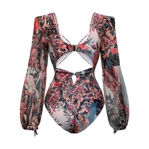 Tropical print long sleeve cutout swimsuit with mesh lantern sleeves and metal buckle