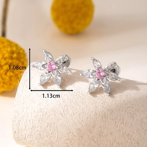 Elegant heart zircon flower leaf stud earrings in polished titanium steel for women