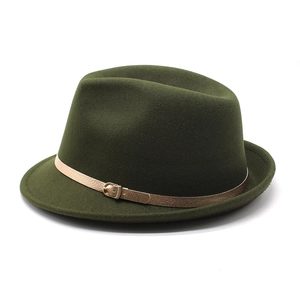 Detailed view of dark green wool fedora hat with elegant gold buckle strap decoration