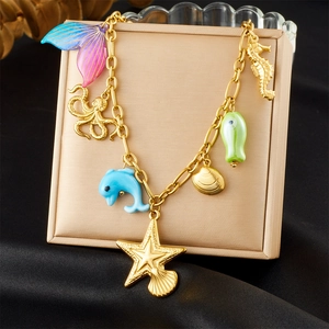 Ocean Theme Multi Charm Necklace With 304 Stainless Steel Chain Mermaid Tail Seahorse Starfish Colorful Enamel Jewelry For Women