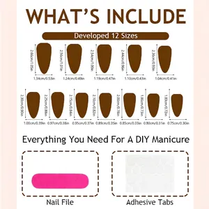 Size chart for black French bow press-on nails with measurements and tool kit info