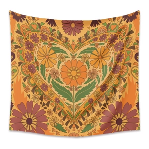 Bohemian floral heart tapestry with warm orange vintage design for wall decoration