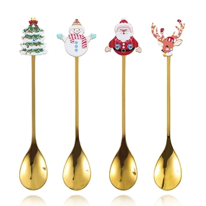 Christmas theme golden stainless steel spoon set with cartoon character handle toppers
