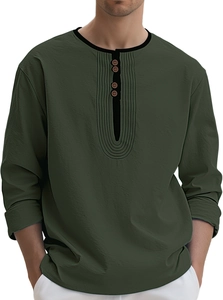 Detail of men's dark green linen shirt featuring U-shaped pleats and retro buttons