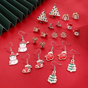 Christmas Stud Earrings Set For Women Cartoon Reindeer Snowflake Santa Claus Alloy Rhinestone Festive Jewelry Gift