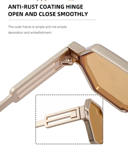 Detailed macro view of rust-proof hinges and geometric hollow design on metal sunglasses