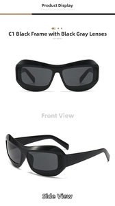 Vues de face et de côté de lunettes de soleil enveloppantes Y2K noires à verres gris