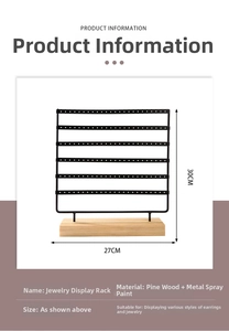 Detailed size chart of 6-tier metal earring holder with pine wood base, 27x30cm