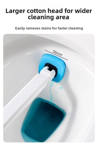 Macro detail of 56mm wide blue sponge refill cleaning under toilet rim with handle
