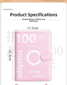 Pink PU leather 100 envelope challenge binder with magnetic closure and size details