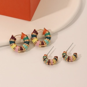 Vintage European Multicolor Enamel Hoop Earrings French Niche Design Macaron Colorful Stripe Copper Earrings For Women Jewelry