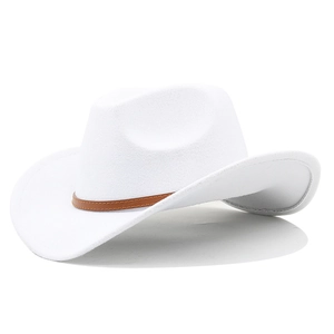 Detail view of white wool felt cowboy hat with a brown leather decorative band