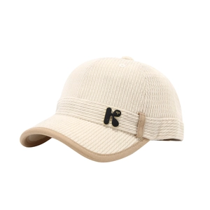 Kids corduroy baseball cap in beige with brown trim and metal letter R detail