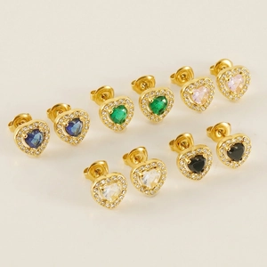 Boucles D'oreilles Puces Coeur Acier Inoxydable Plaqué Or 18K Zircon Brillant Bijoux Vintage Élégants Pour Femmes