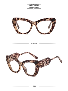 Detailed views of grey leopard print cat eye glasses showing front and side angles