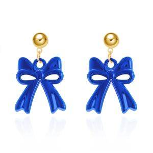 Chic golden stud earrings with 3D blue resin bow charms on a white background