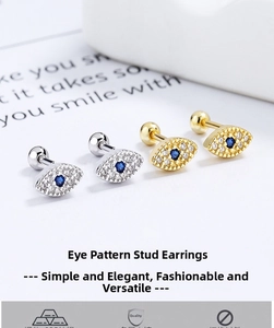 Detail view of 925 silver evil eye screw back studs in gold and silver finishes