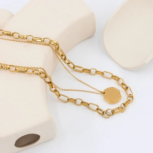 Double-layered gold stainless steel necklace with honeycomb textured round bee pendant