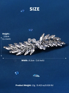 Detailed size specifications of the silver leaf rhinestone hair clip on a blue background