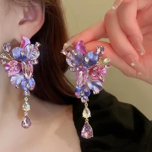 Flower Dangle Earrings Alloy Rhinestone With 925 Sterling Silver Earring Post Purple Gradient Large Exaggerated Retro Women