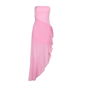 Detail of pink strapless dress featuring asymmetric ruffled hem and sheer mesh fabric layers