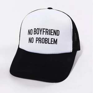 Black and white trucker hat featuring No Boyfriend No Problem print with mesh back