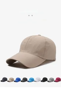 Close-up of quick-dry khaki baseball cap showing breathable mesh holes and multi-color options