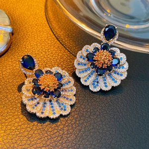 Luxurious vintage flower drop earrings with blue pear-cut zircon and multi-color crystals