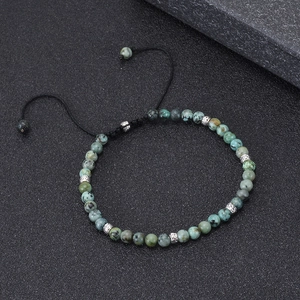 Adjustable colorful natural stone bead bracelet with 4mm turquoise beads and braided cord
