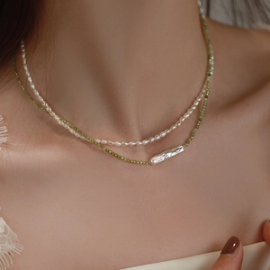 Olive Green Zircon Beaded Necklace And Bracelet With Baroque Freshwater Pearl Copper Gold Plated Elegant Jewelry Women
