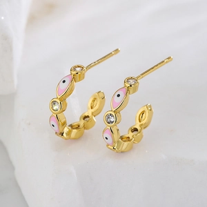 18K gold plated C-shaped hoop earrings with pink evil eye and cubic zirconia inlay