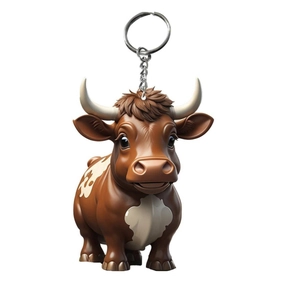 Close-up of 3D cartoon highland cattle keychain with brown resin body and white spots