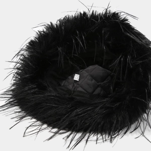 Fuzzy black faux fur bucket hat featuring a quilted lining and adjustable inner drawstrings