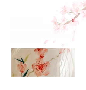 Macro detail of hand-painted peach blossoms on high-quality white ceramic teacup