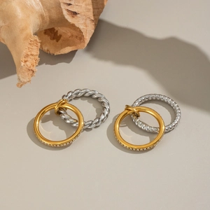 Bague double couche en acier inoxydable doré et argenté avec zircons scintillants