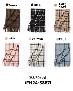Detailed multi-color display of plaid scarves with tassels in 200x62CM size