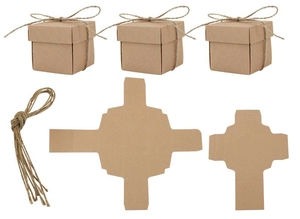 Detail of square kraft paper gift box kit with jute twine and flat assembly templates