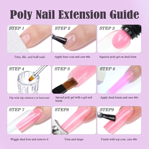9-step guide for applying pink poly nail extension gel with 60s UV curing process