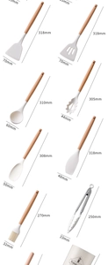 Detailed dimensions of 14-piece white silicone kitchen utensils with wooden handles