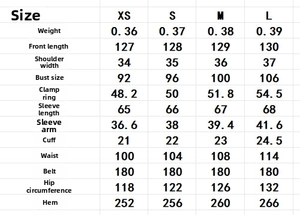 Detailed size guide table for women printed long shirt dress with measurements