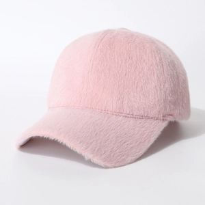 Pink fluffy faux fur baseball cap for women, soft plush warm winter hat with curved brim