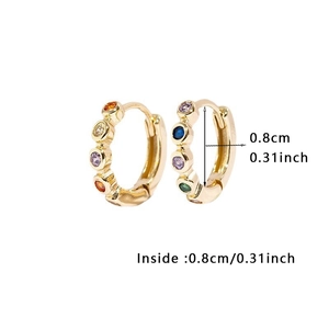Detail view of 0.8cm inner diameter gold hoop earrings with colorful inlaid zircon stones